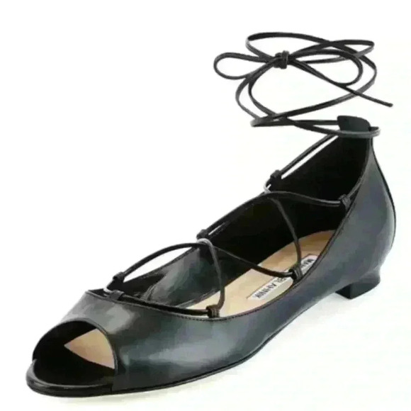 Manolo Blahnik Womens Black Aneska Leather Lace-Up Open-Toe Flat 35.5 (US 5) - Picture 1 of 16